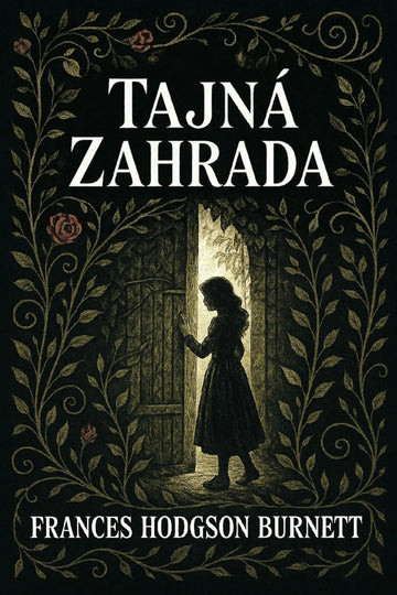Book cover for 'Tajná zahrada' by Frances Hodgson Burnett, featuring a dark gothic illustration of a girl standing in a doorway framed by ornate vines and roses on a black background.