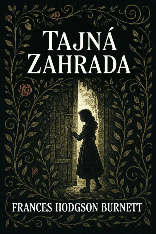 Book cover for 'Tajná zahrada' by Frances Hodgson Burnett, featuring a dark gothic illustration of a girl standing in a doorway framed by ornate vines and roses on a black background.