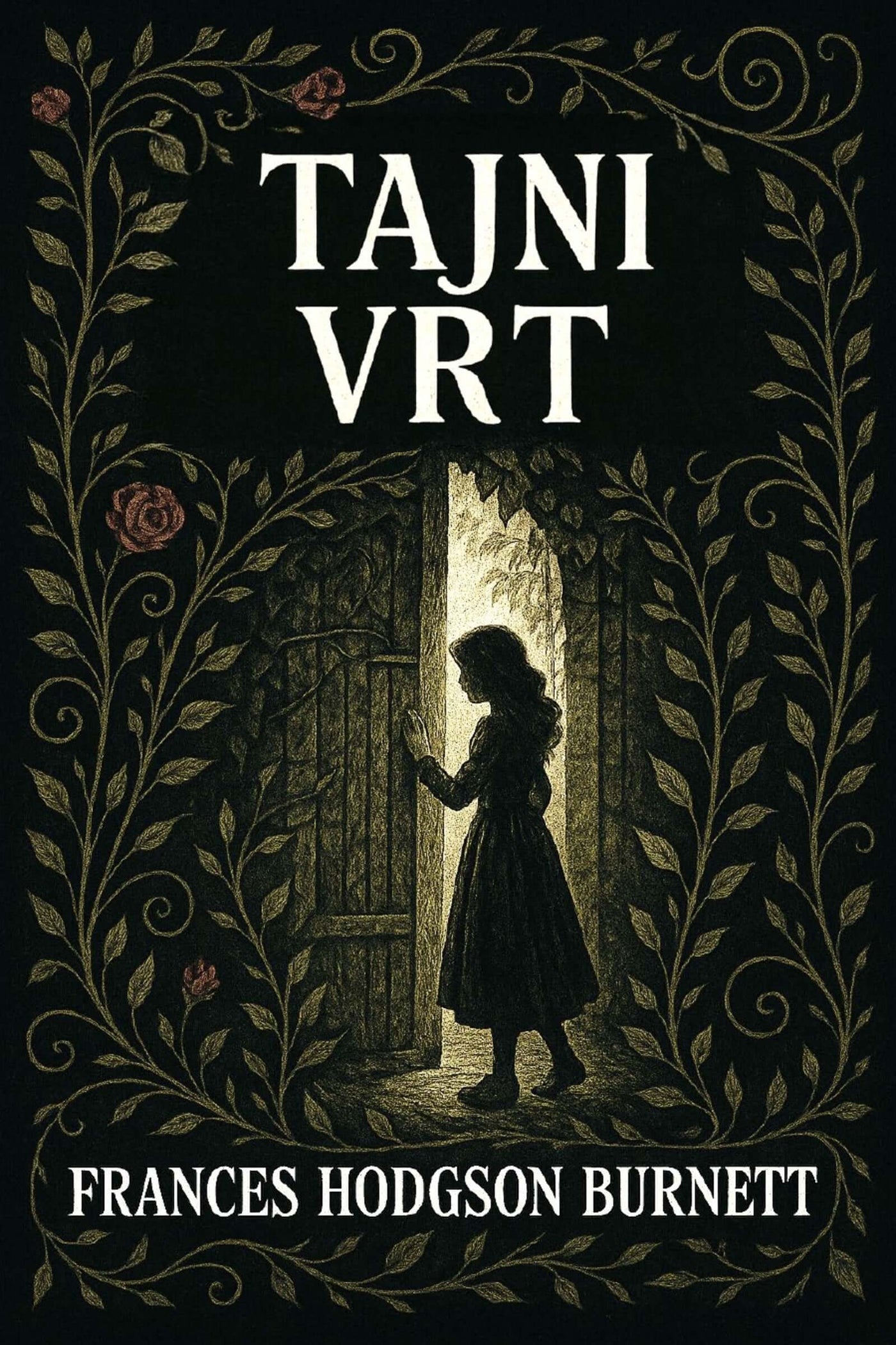 Book cover of 'Tajni vrt' with a silhouette of a girl opening a door, decorative text, and floral elements.