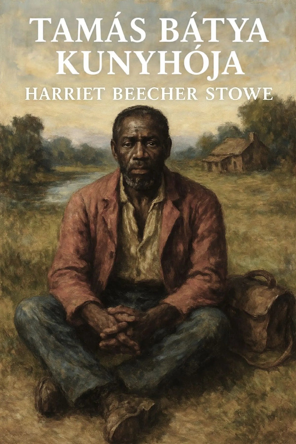 Book cover for 'Tamás bátya kunyhója' by Harriet Beecher Stowe, featuring a painted seated man in a rust-colored jacket and blue pants in an outdoor landscape, with the title and author name in white text at the top.