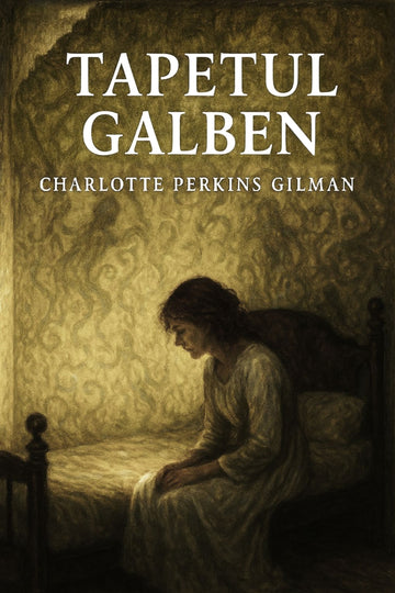 Book cover of 'Tapetul galben' by Charlotte Perkins Gilman with a woman sitting on a bed.