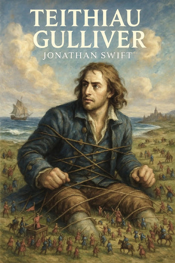 Book cover for 'Teithiau Gulliver' by Jonathan Swift, featuring a painted illustration of a man in a blue coat bound on a beach with ships and small figures in the background, with the title and author name in large white text at the top.