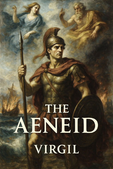 Book cover of 'The Aeneid' by Virgil featuring a warrior and two divine figures.