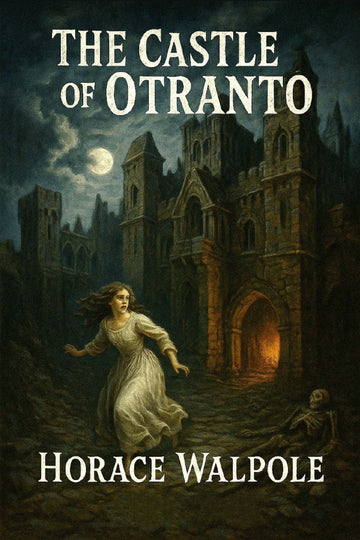Book cover of 'The Castle of Otranto' by Horace Walpole featuring a castle and a woman in a white dress.