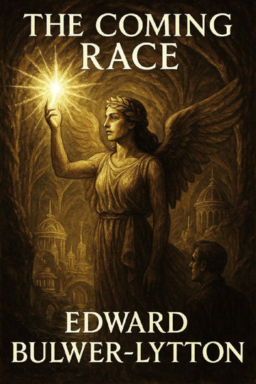 Book cover of 'The Coming Race' by Edward Bulwer-Lytton featuring an angelic figure holding a light.