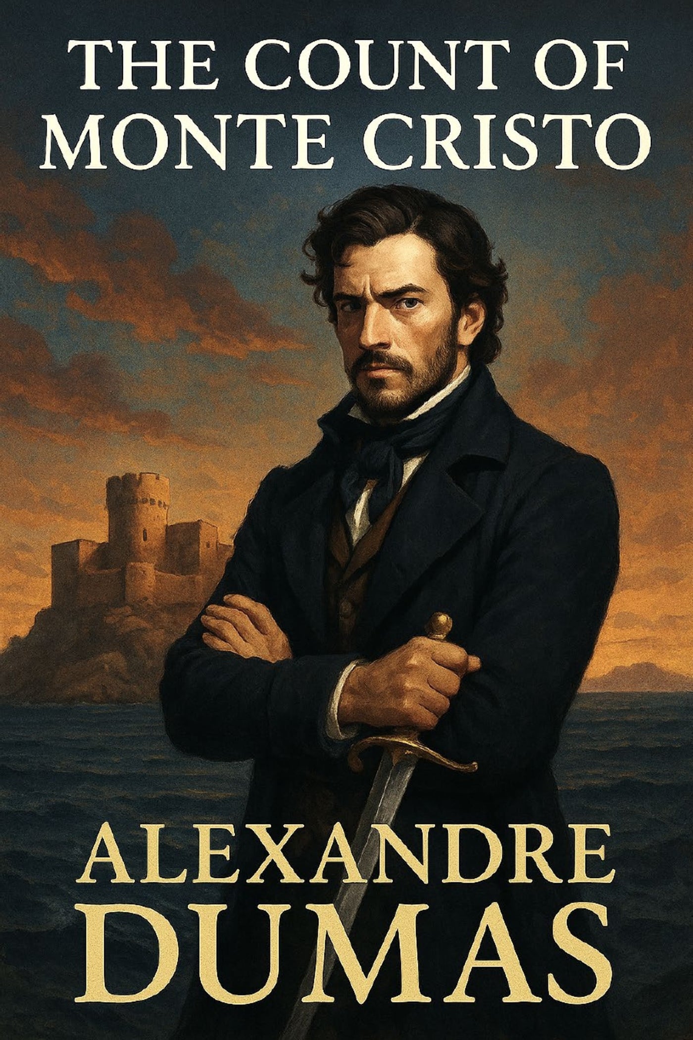 Book cover of 'The Count of Monte Cristo' by Alexandre Dumas with a man holding a sword and a castle in the background.