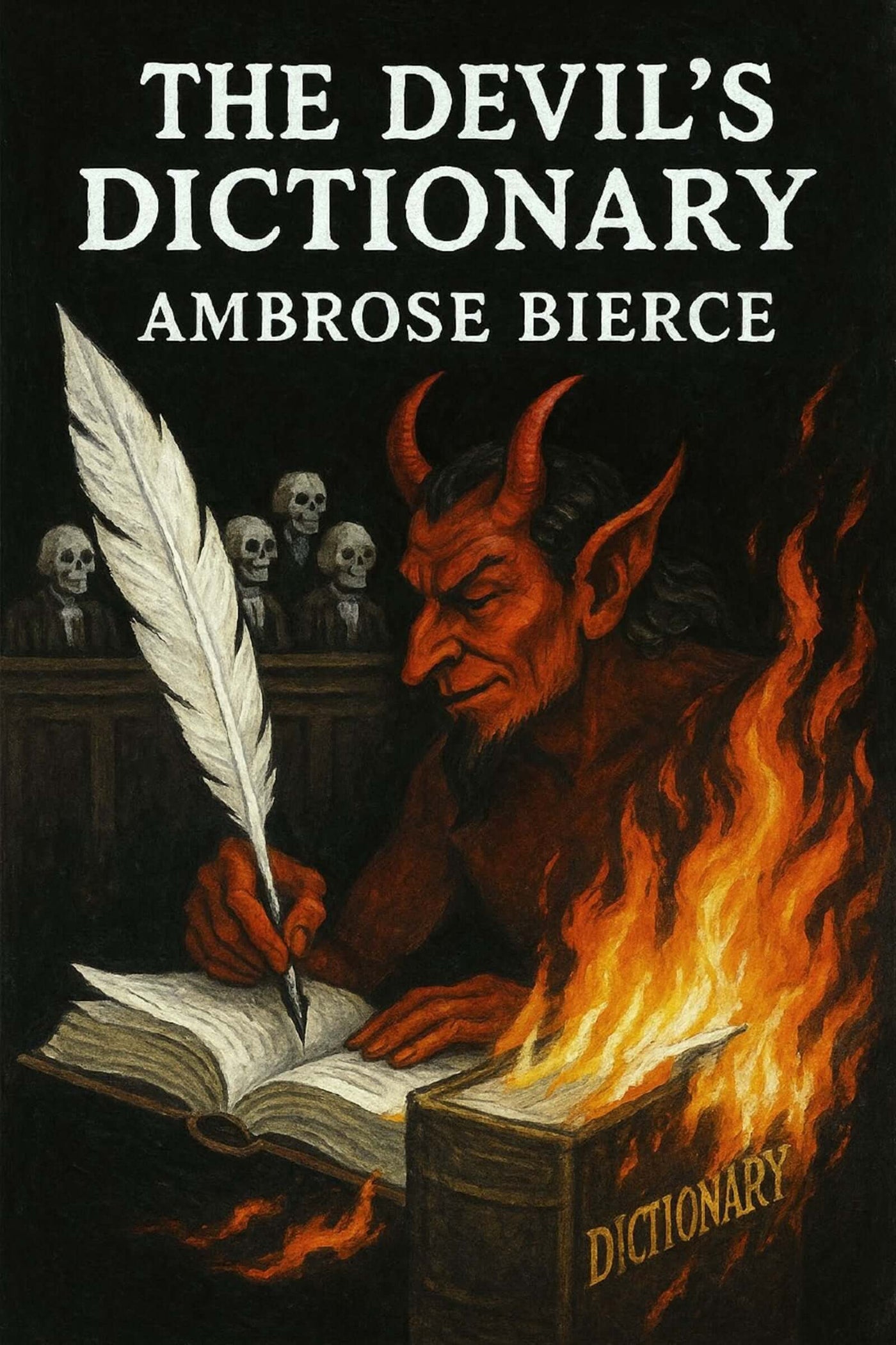 Book cover of 'The Devil's Dictionary' by Ambrose Bierce with a devil writing in flames.