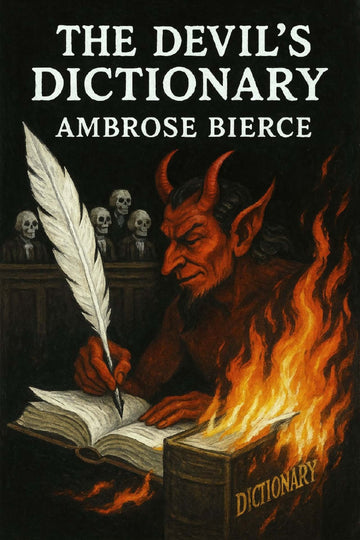 Book cover of 'The Devil's Dictionary' by Ambrose Bierce with a devil writing in flames.