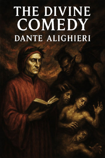 Book cover of 'The Divine Comedy' by Dante Alighieri with a dark background and central figure holding a book.