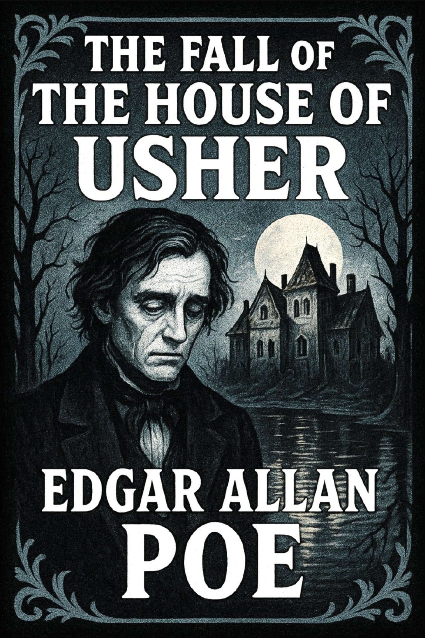 Book cover of 'The Fall of the House of Usher' by Edgar Allan Poe featuring a dark, eerie landscape.