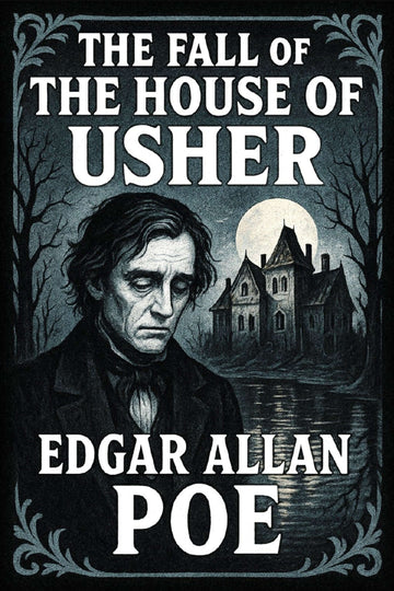 Book cover of 'The Fall of the House of Usher' by Edgar Allan Poe featuring a dark, eerie landscape.