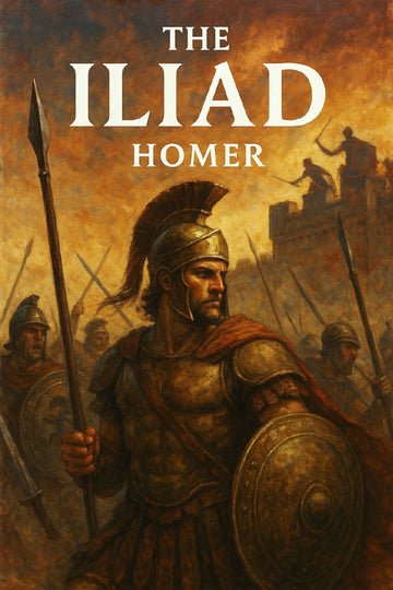 Book cover of 'The Iliad' by Homer featuring a warrior in armor with a fiery background.