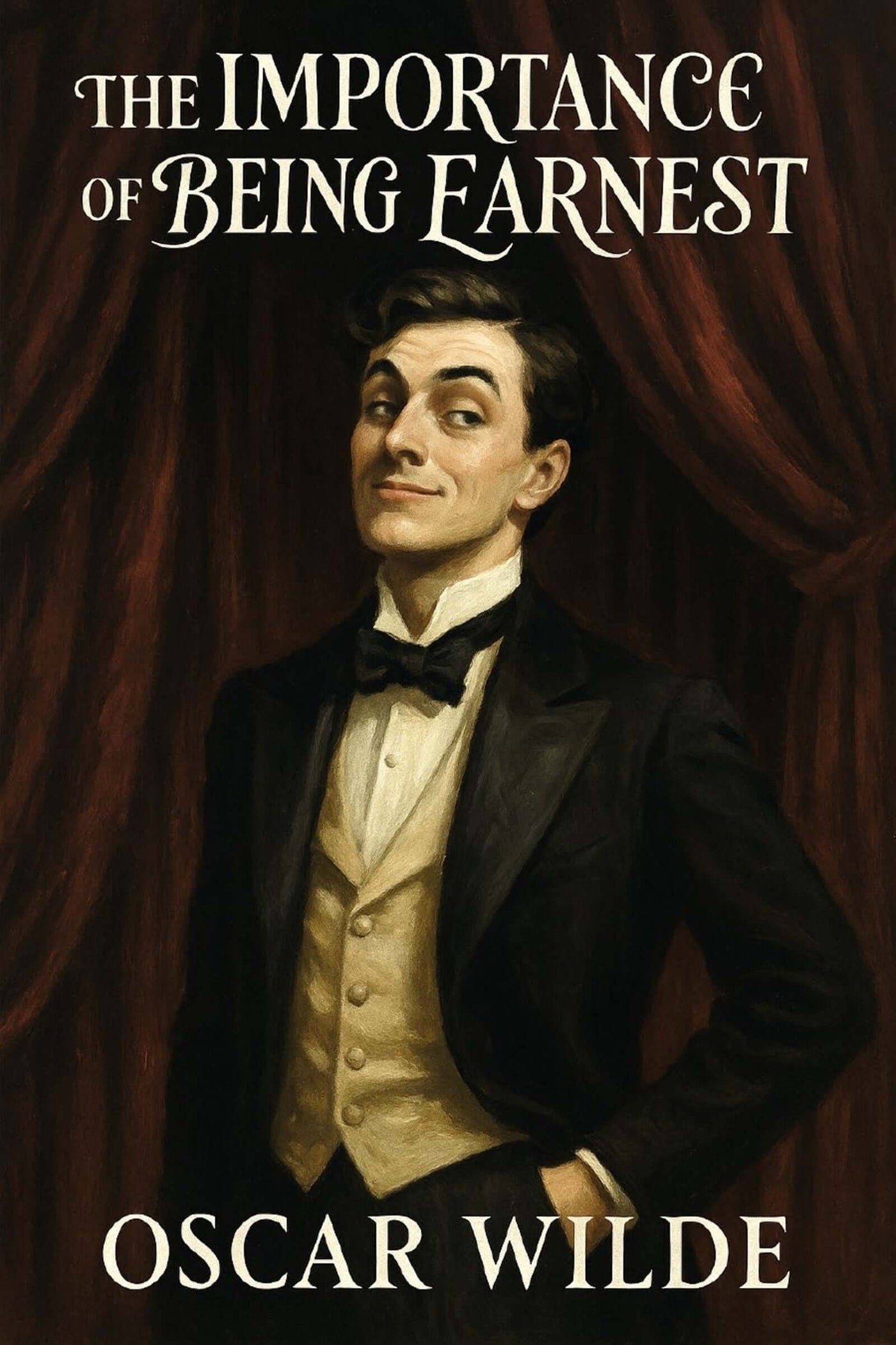 Book cover of 'The Importance of Being Earnest' by Oscar Wilde featuring a man in formal attire against a curtain background.