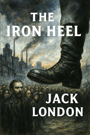 Book cover of 'The Iron Heel' by Jack London with a boot stepping on a crowd and industrial background.
