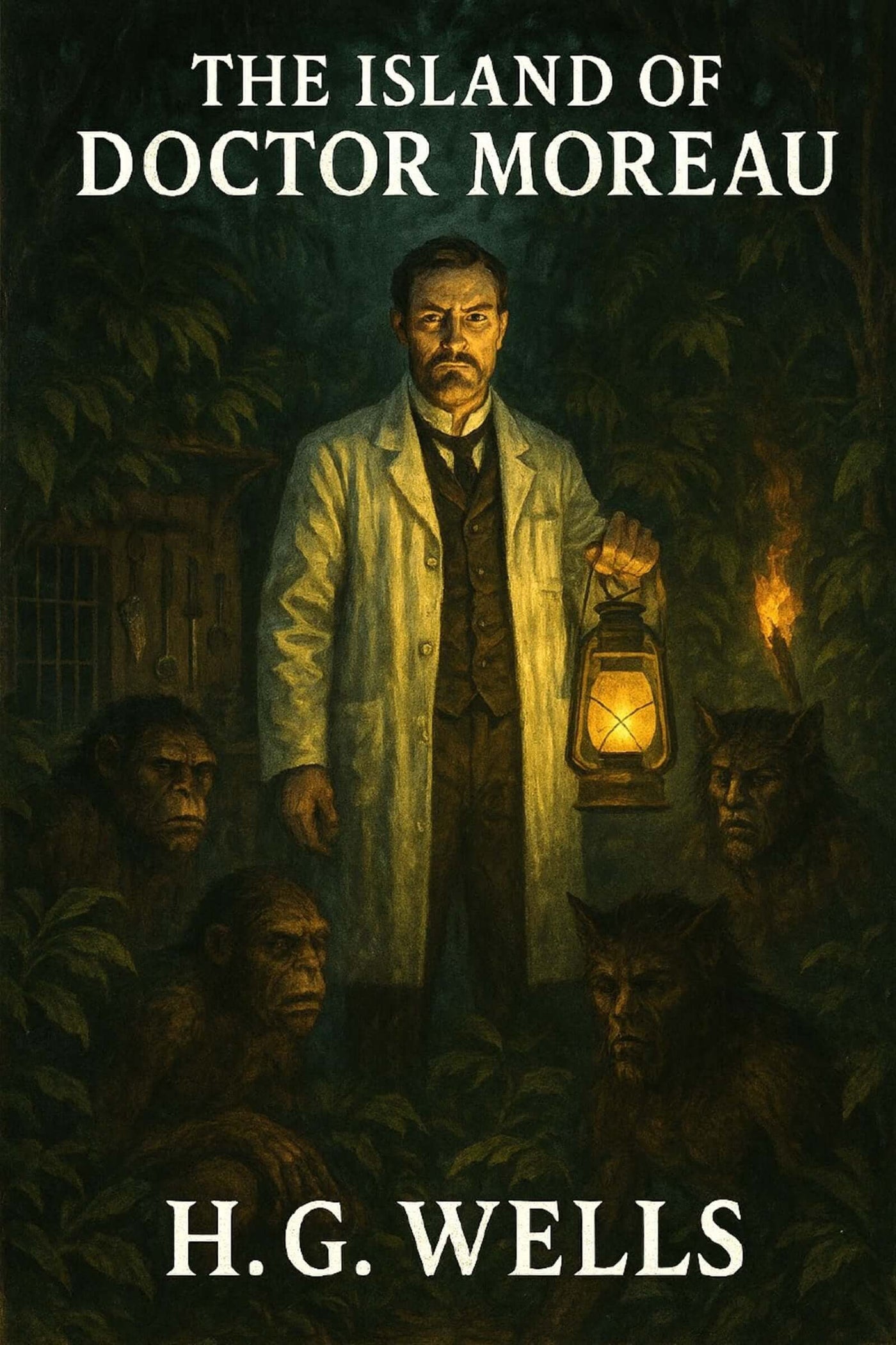 Book cover of 'The Island of Doctor Moreau' by H.G. Wells featuring a doctor with a lantern and creatures.