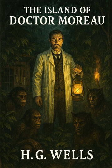 Book cover of 'The Island of Doctor Moreau' by H.G. Wells featuring a doctor with a lantern and creatures.
