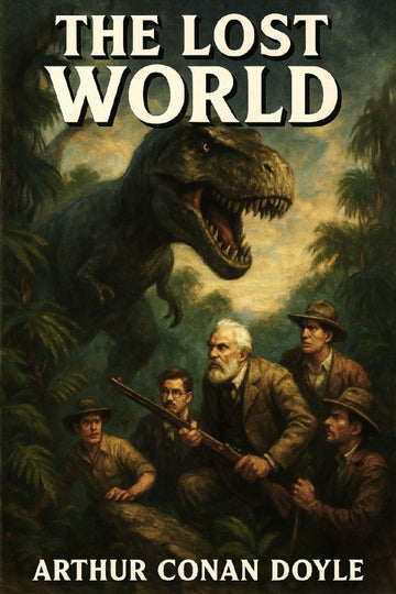 Book cover of 'The Lost World' by Arthur Conan Doyle featuring a dinosaur and men in a jungle setting.