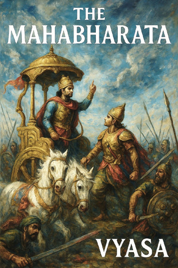 Book cover of 'The Mahabharata' by Vyasa featuring a warrior on a chariot with soldiers in the background.