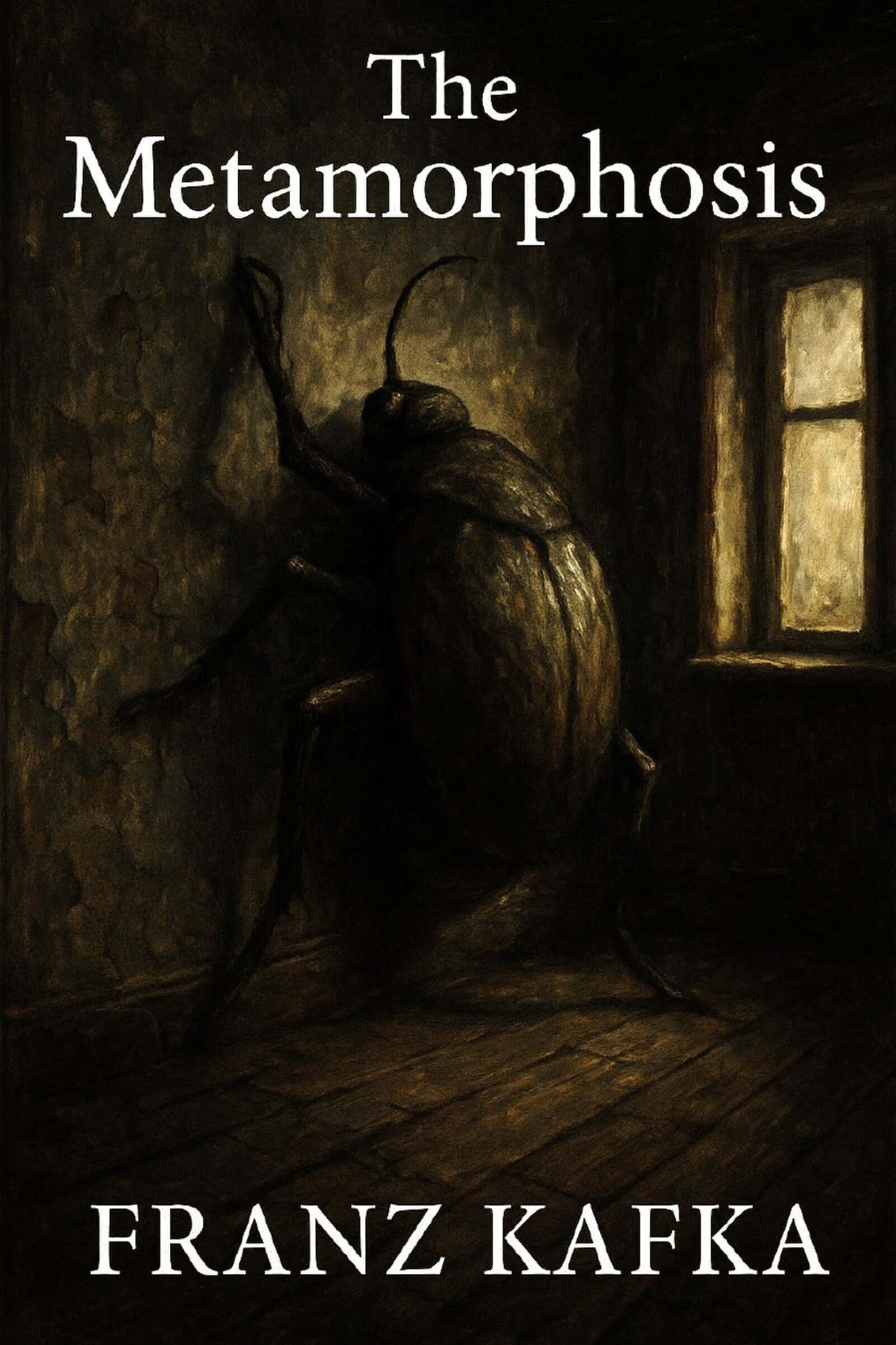 Book cover of 'The Metamorphosis' by Franz Kafka with a beetle on a wooden floor.