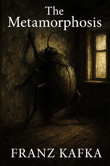 Book cover of 'The Metamorphosis' by Franz Kafka with a beetle on a wooden floor.