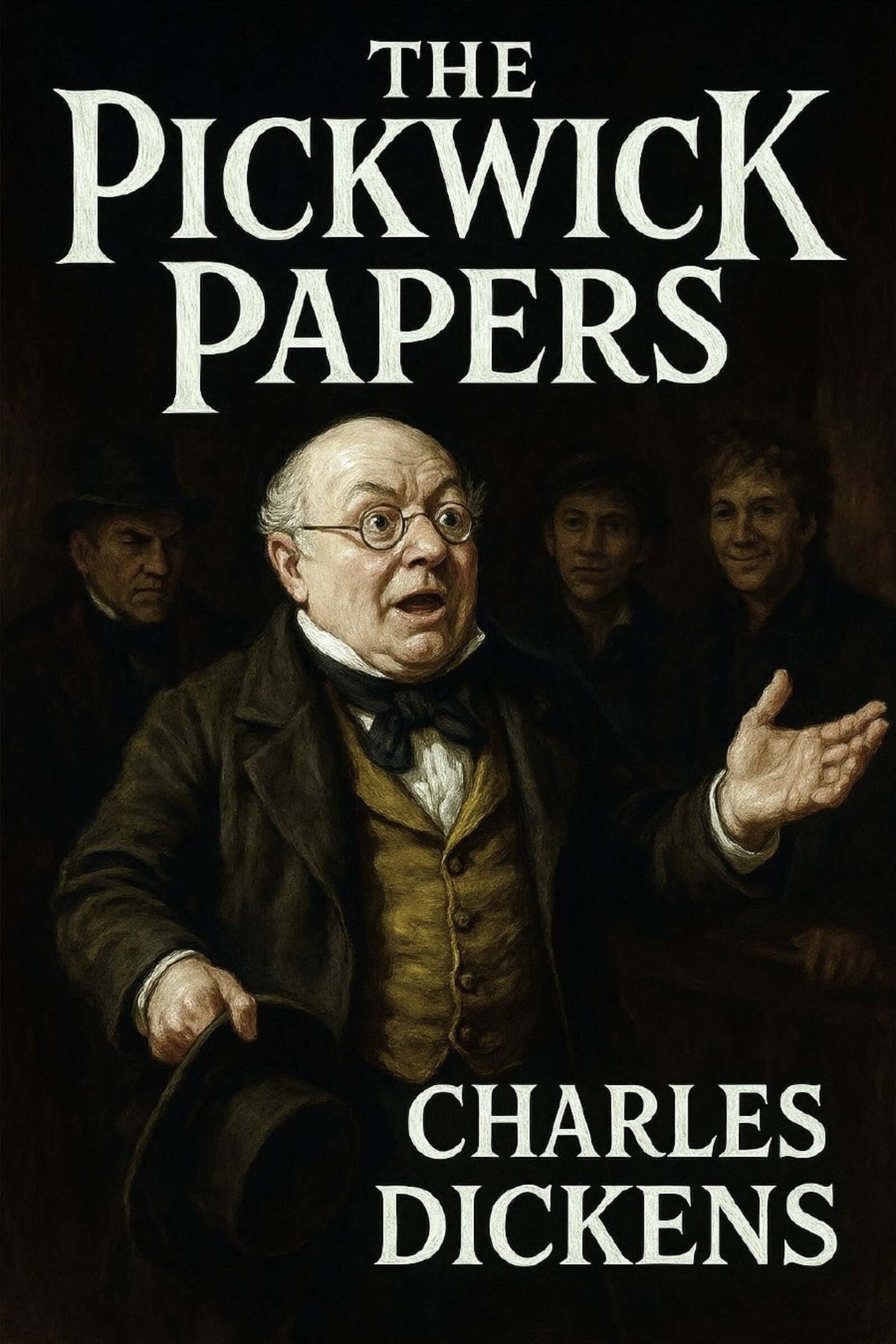 Book cover of 'The Pickwick Papers' by Charles Dickens with a central character in a dark setting.