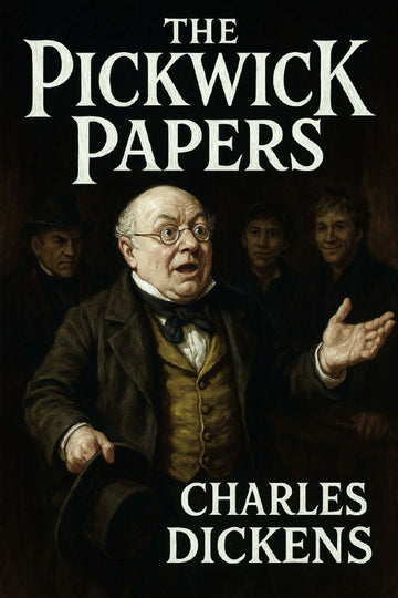 Book cover of 'The Pickwick Papers' by Charles Dickens with a central character in a dark setting.