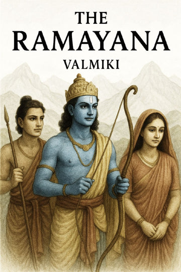 Illustration of characters from 'The Ramayana' with mountains in the background