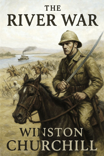 Book cover of 'The River War' by Winston Churchill featuring a soldier on horseback.