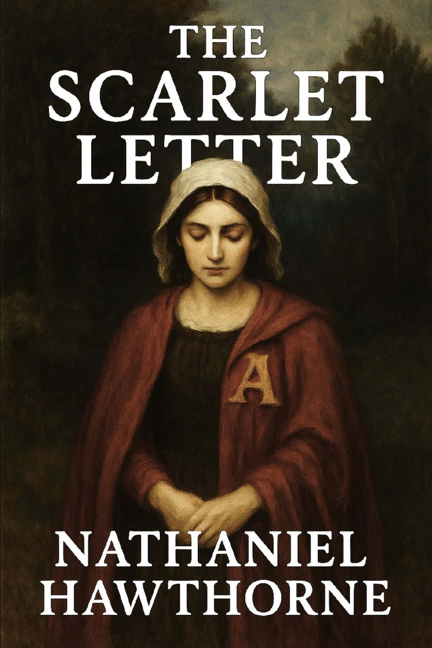 Book cover of 'The Scarlet Letter' by Nathaniel Hawthorne featuring a woman in a red cloak with a letter 'A'.