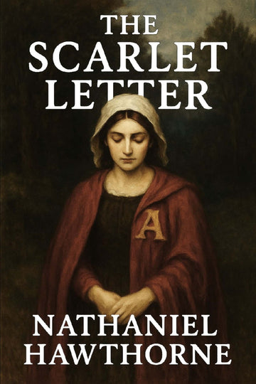 Book cover of 'The Scarlet Letter' by Nathaniel Hawthorne featuring a woman in a red cloak with a letter 'A'.