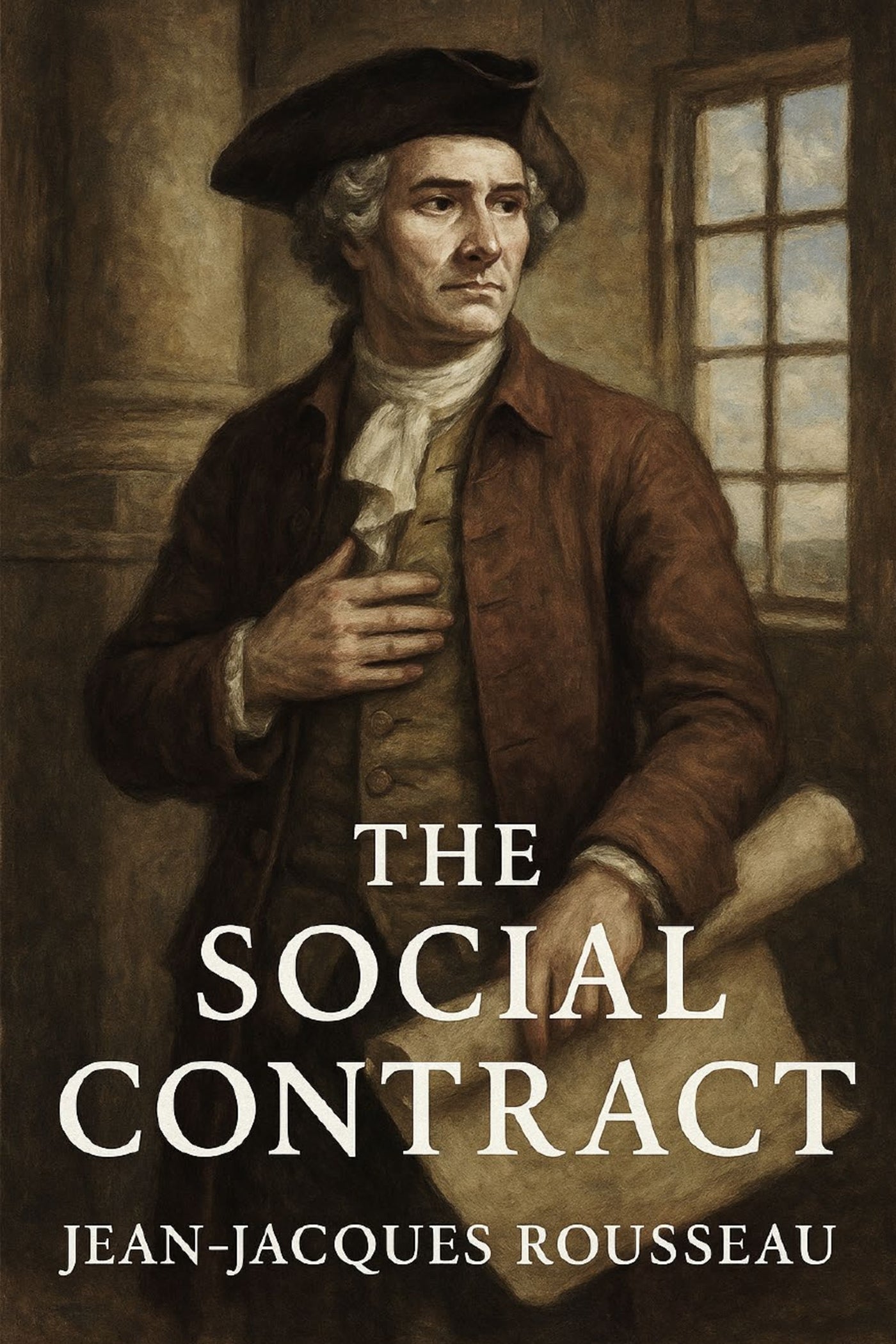 Book cover of 'The Social Contract' by Jean-Jacques Rousseau with a historical figure holding a document.