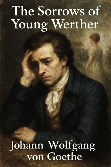 Book cover of 'The Sorrows of Young Werther' by Johann Wolfgang von Goethe, featuring a man with his hand on his head and a woman in the background.