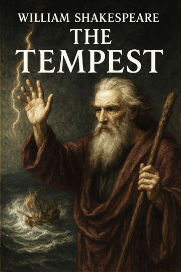 Book cover of 'The Tempest' by William Shakespeare featuring a character with a staff and lightning bolt.