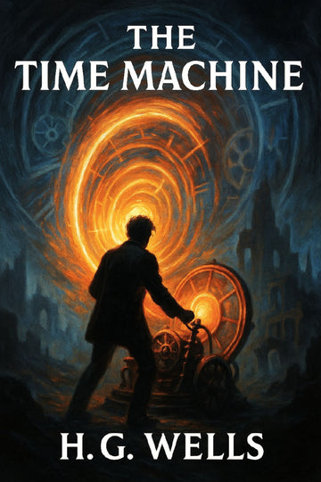 Book cover of 'The Time Machine' by H.G. Wells with a silhouette of a person and a time machine.