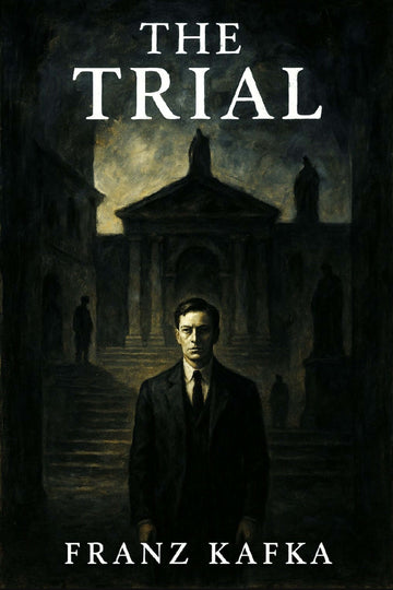 Book cover of 'The Trial' by Franz Kafka with a silhouette of a man and a building in the background.