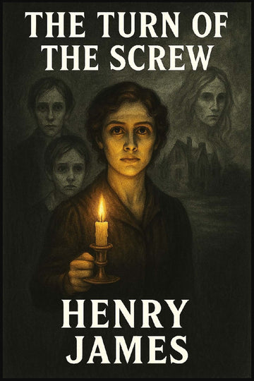 Book cover of 'The Turn of the Screw' by Henry James featuring a person holding a candle with a dark background.