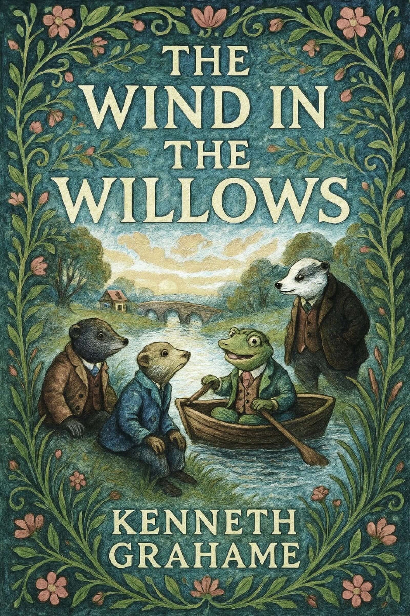 Book cover of 'The Wind in the Willows' by Kenneth Grahame with animals in a boat and decorative border.