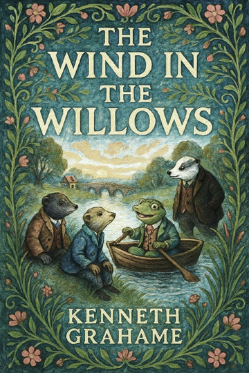 Book cover of 'The Wind in the Willows' by Kenneth Grahame with animals in a boat and decorative border.