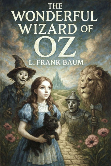 Book cover of 'The Wonderful Wizard of Oz' featuring Dorothy, Scarecrow, Tin Man, and Lion.