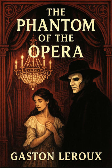 Book cover of 'The Phantom of the Opera' with a masked figure and woman in a dimly lit theater setting.