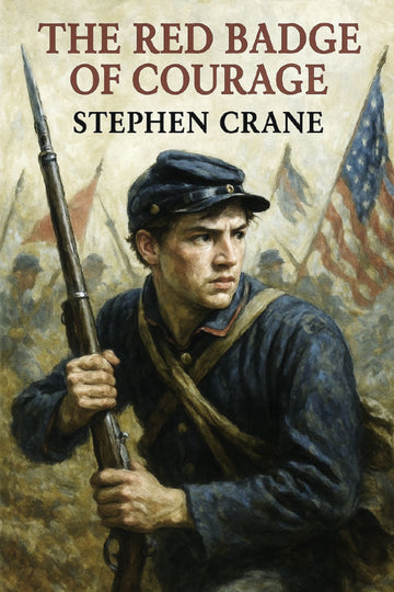 Book cover of 'The Red Badge of Courage' by Stephen Crane featuring a soldier holding a rifle.