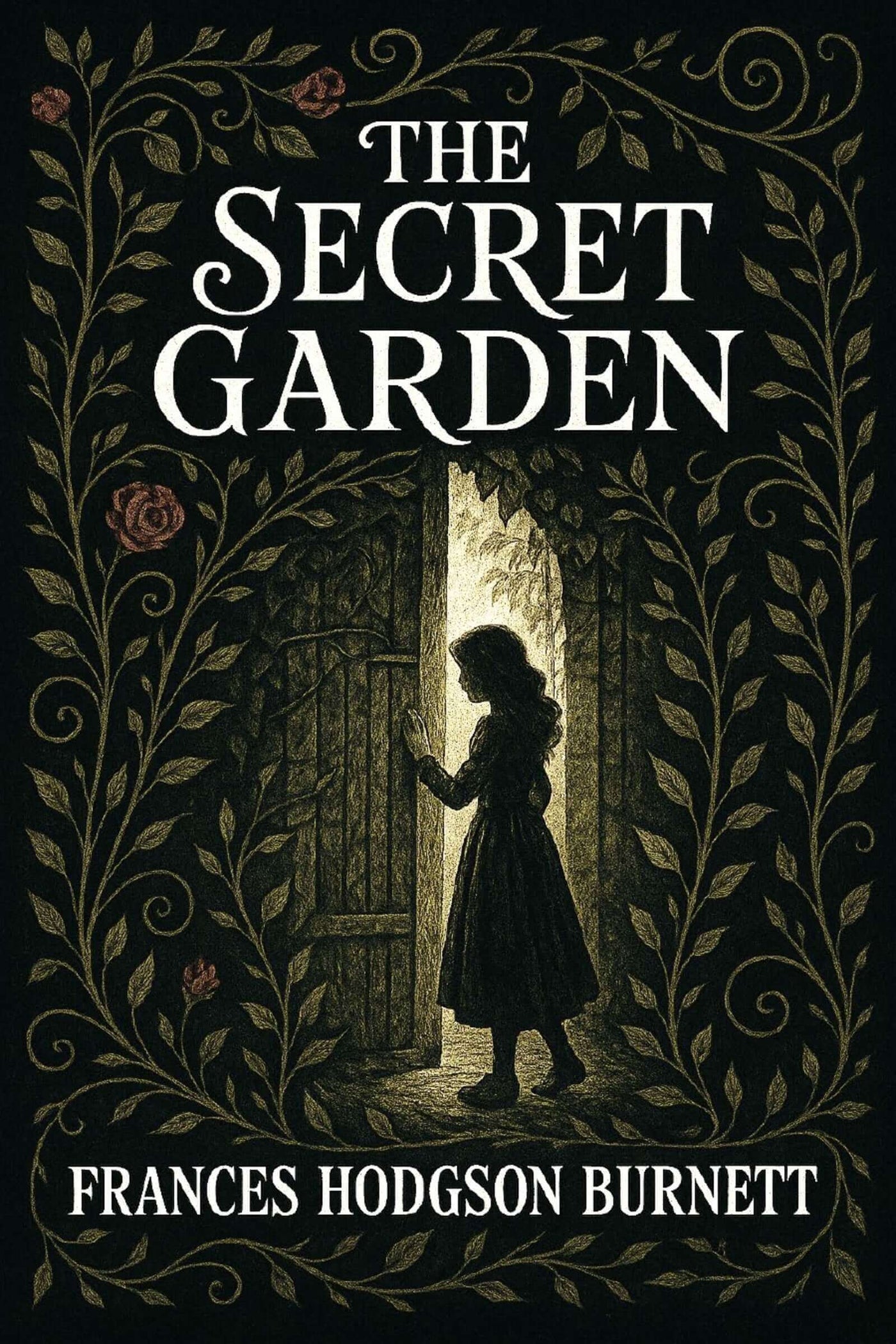 Book cover of 'The Secret Garden' with a silhouette of a girl opening a door.