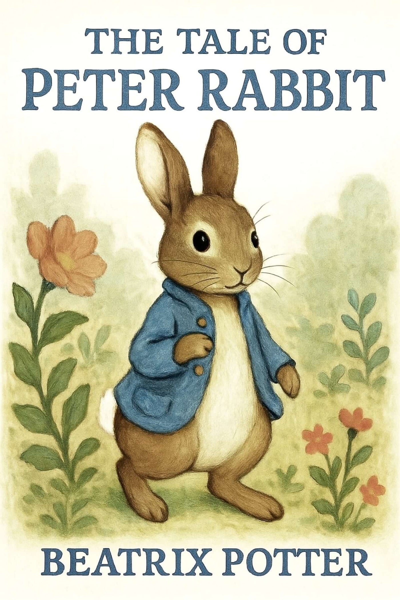 Book cover of 'The Tale of Peter Rabbit' by Beatrix Potter featuring a rabbit character in a blue coat.