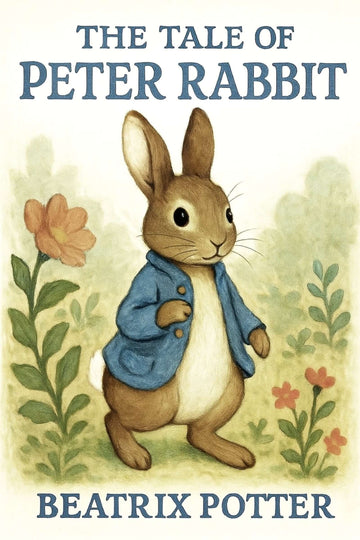 Book cover of 'The Tale of Peter Rabbit' by Beatrix Potter featuring a rabbit character in a blue coat.