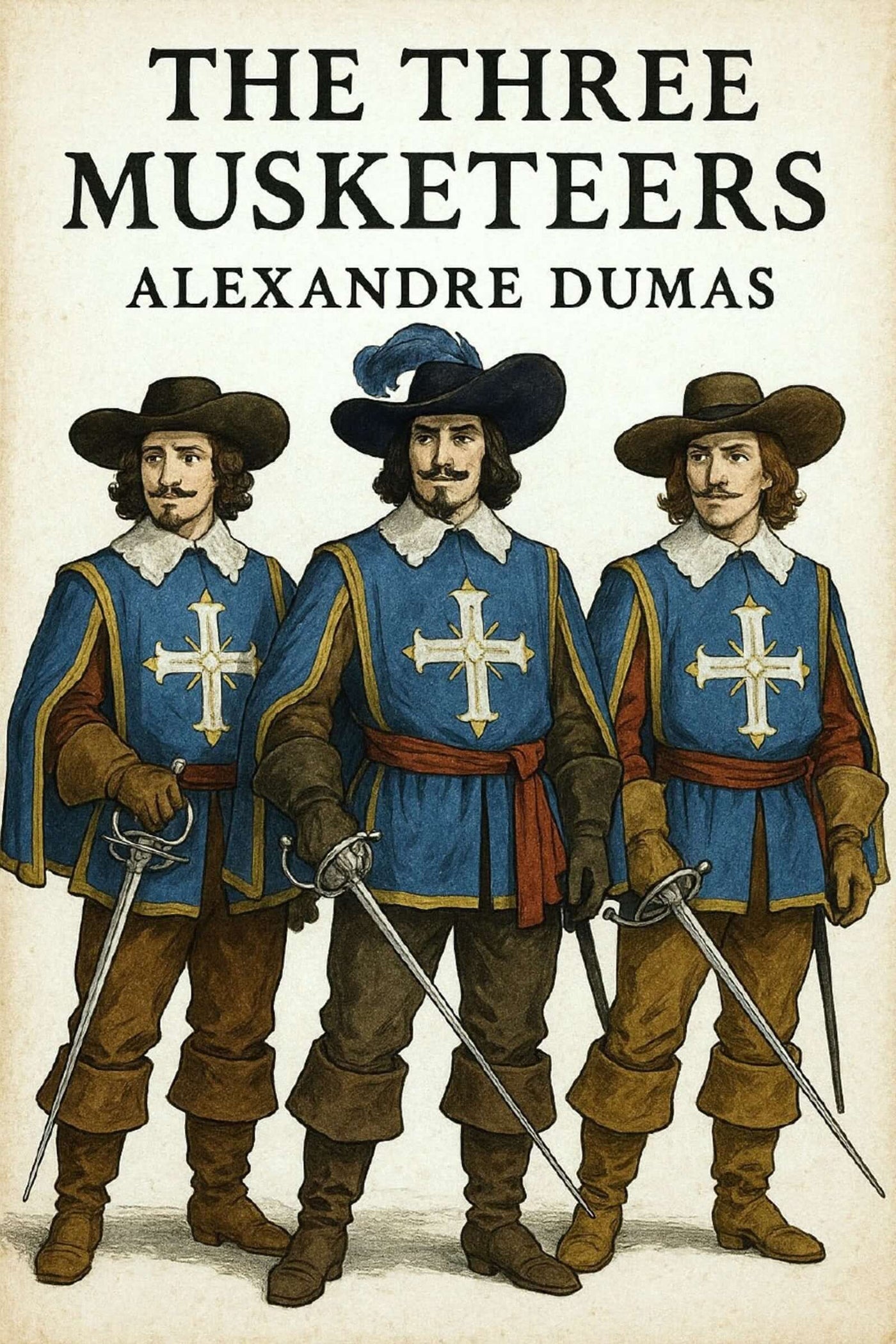 Book cover of 'The Three Musketeers' by Alexandre Dumas featuring three characters in historical attire.