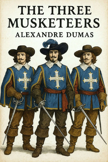 Book cover of 'The Three Musketeers' by Alexandre Dumas featuring three characters in historical attire.