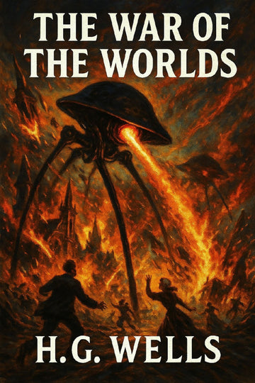 Book cover of 'The War of the Worlds' by H.G. Wells with a depiction of an alien spaceship and flames.