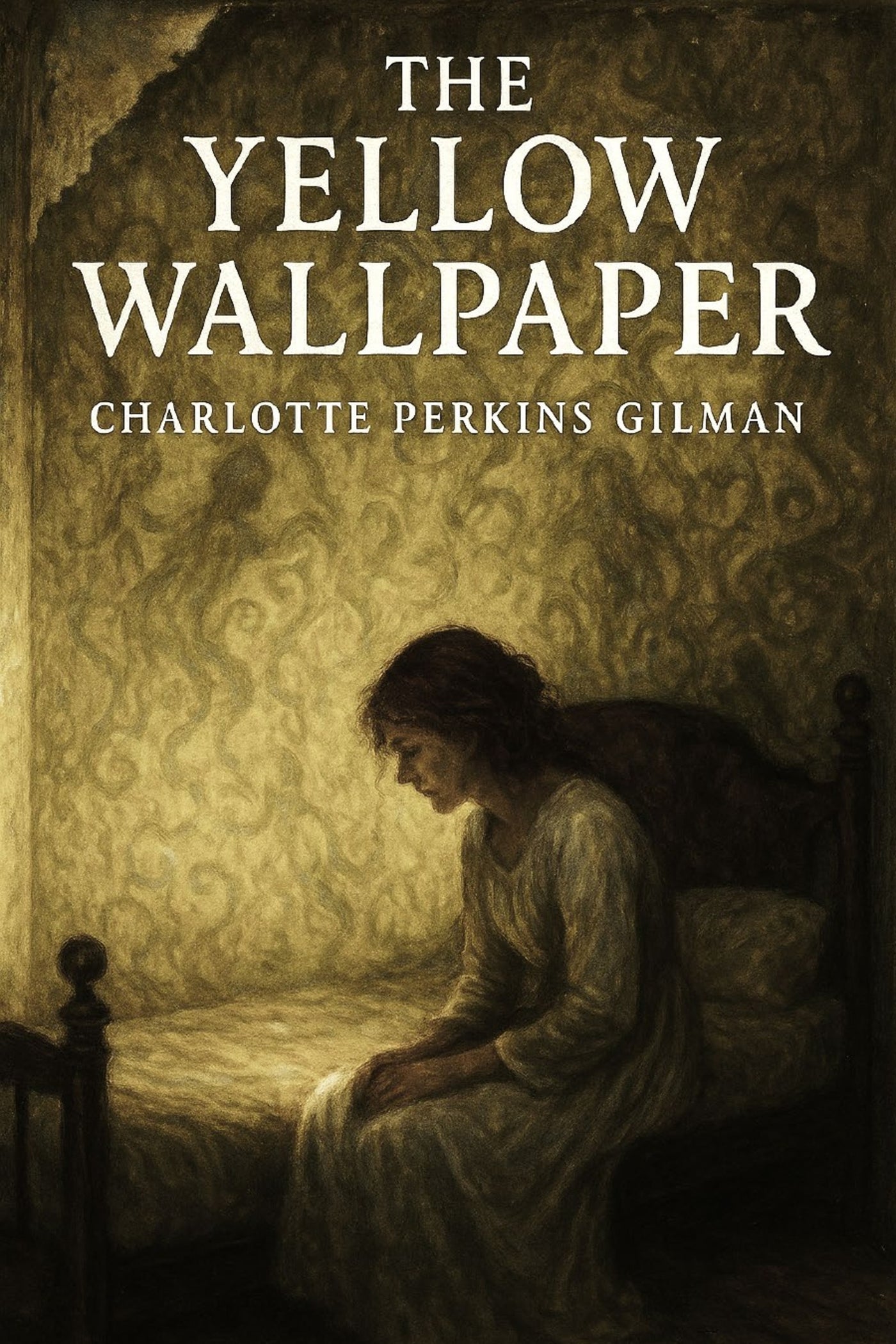 Book cover of 'The Yellow Wallpaper' with a woman sitting on a bed against a yellow wallpapered wall.