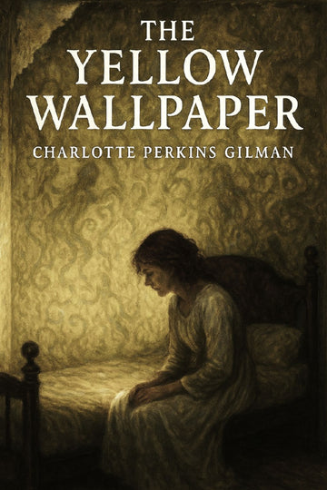 Book cover of 'The Yellow Wallpaper' with a woman sitting on a bed against a yellow wallpapered wall.