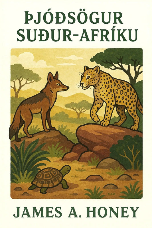 Book cover for 'Þjóðsögur Suður-Afríku' by James A. Honey, featuring an illustrated scene of a fox, leopard, turtle, and acacia trees on a warm beige background.